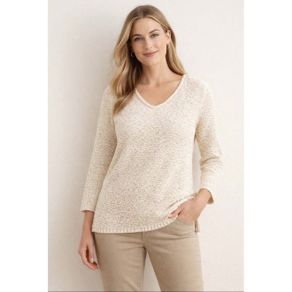 Chicos Sweater 2/L Women Ivory Gold‎ Sparkle Sequin Knit 15" Long Sleeve Top EUC